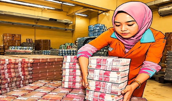 Ilustrasi : Petugas menata tumpukan uang kertas rupiah