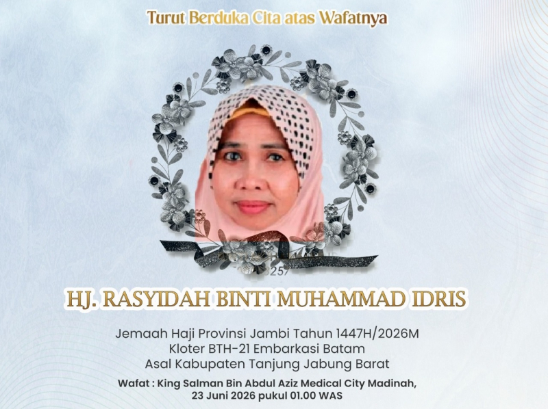 Seorang jemaah haji asal Kabupaten Tanjung Jabung Barat, Provinsi Jambi, Hj. Rasyidah binti M. Idris (56), meninggal dunia saat menjalani perawatan di Madinah.
