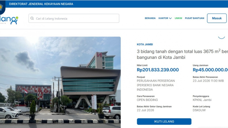 Foto gedung Swiss-Belhotel Jambi yang dilelang pada laman lelang.go.id