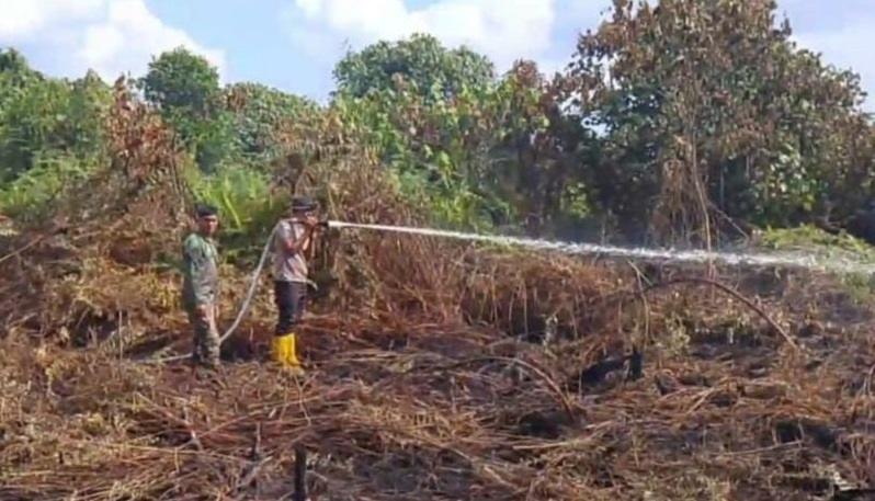 Petugas melakukan pendinginan pasca-kebakaran lahan di wilayah perbatasan Kabupaten Muaro Jambi Musi Banyu Asin