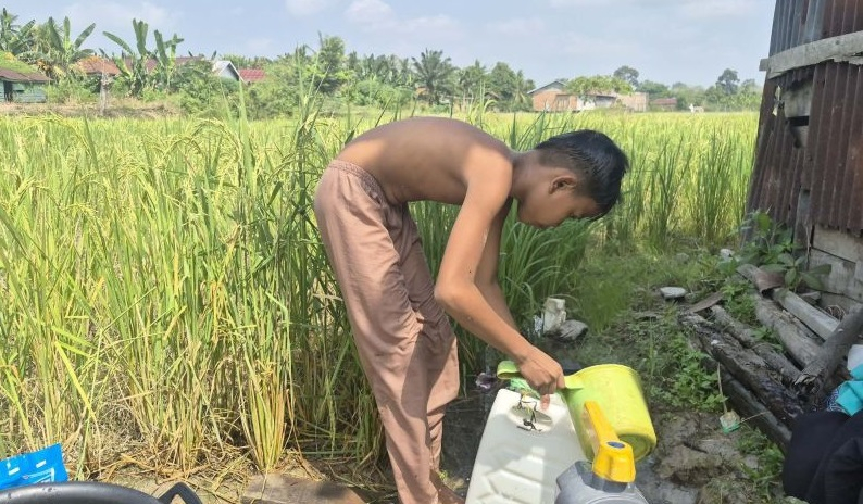 Seorang anak di Desa Sarang Burung Kecamatan Jaluko tengah mengisi air dari sumur bor pertanian di wilayah tersebut ke dalam jeriken