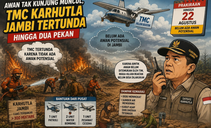 Rencana penerapan hujan buatan terpaksa tertunda karena ketiadaan awan potensial di langit Jambi