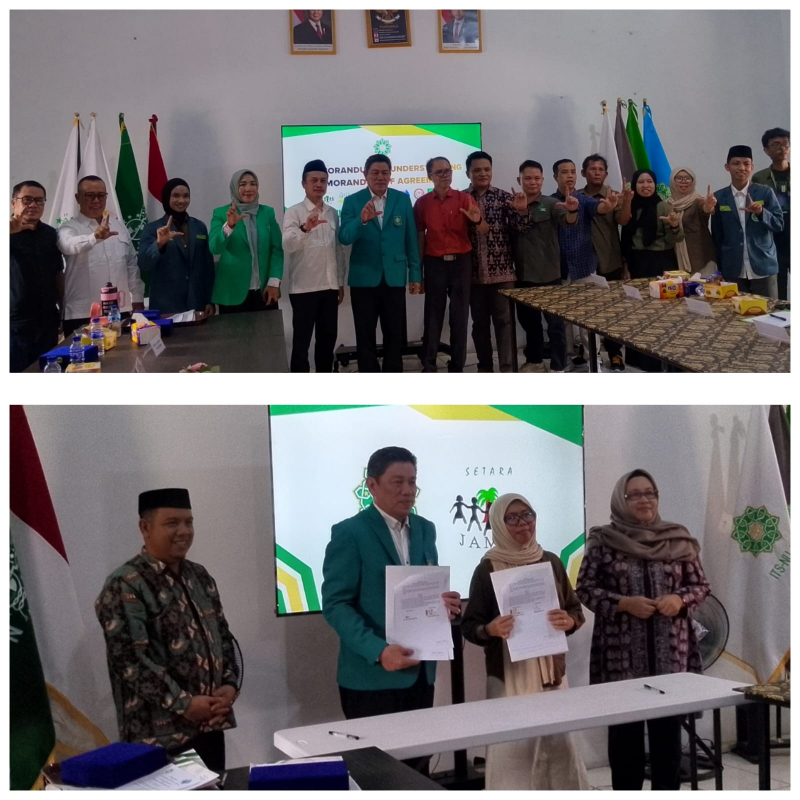 Suasana penandatanganan nota kesepahaman (MoU) antara ITS NU Jambi dan lembaga mitra dan foto bersama usai penandatangana MoU.