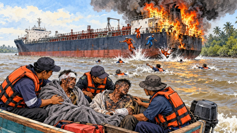 Ilustrasi Kapal MT Nurhasanah Lima meledak sehingga menyebabkan ABK mengalami luka bakar serius 