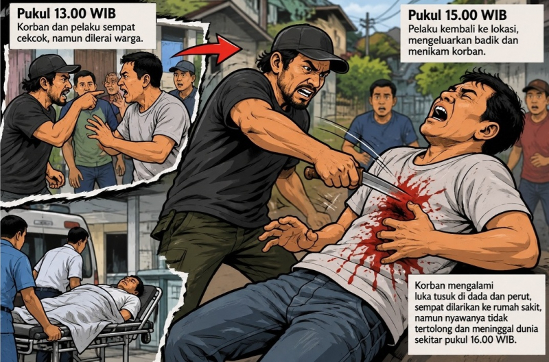 Ilustrasi dan kronologis terjadinya penikaman yang dipicu karena pereselisihan utang